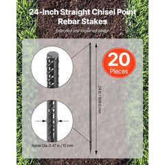 VEVOR Rebar Stakes, 24-Inch, Heavy-Duty 0.47 in Diameter, Straight Galvanized Steel Ground Anchors with Chisel Point