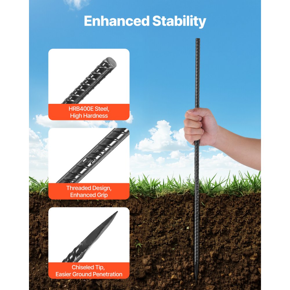 VEVOR Rebar Stakes, 24-Inch, Heavy-Duty 0.47 in Diameter, Straight Galvanized Steel Ground Anchors with Chisel Point