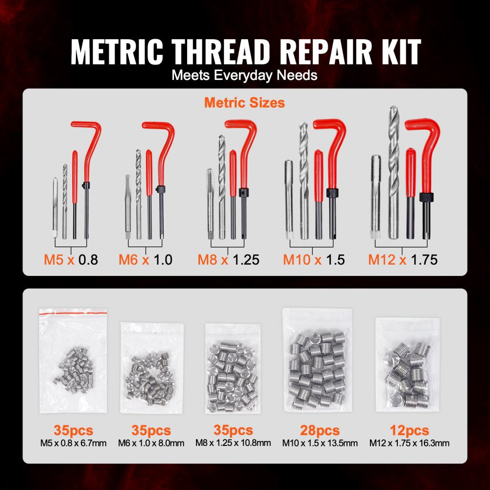 VEVOR Helicoil Thread Repair Kit, 166-Piece Metric HSS Drill Helicoil Repair Kit, M5 M6 M8 M10 M12 Heli Coil
