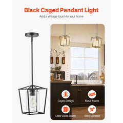 VEVOR 1-Light Black Pendant Light, 1 Pack, Farmhouse Iron Cage Metal Pendant Lighting with Clear Glass Shade