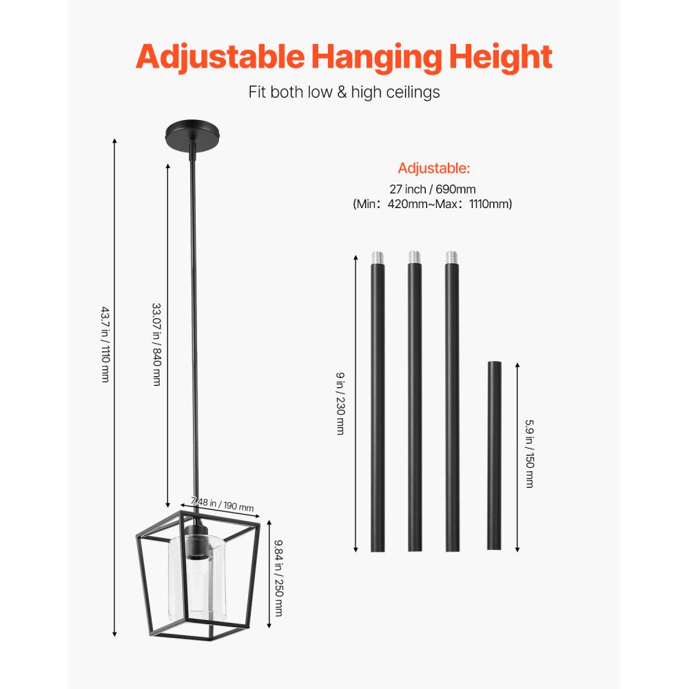 VEVOR 1-Light Black Pendant Light, 1 Pack, Farmhouse Iron Cage Metal Pendant Lighting with Clear Glass Shade