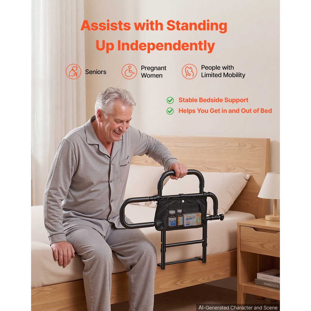 VEVOR Bed Rail for Elderly Adults Foldable Bedside Assist Rail for Seniors, 300LBS Dual-Handle Support, Adjustable