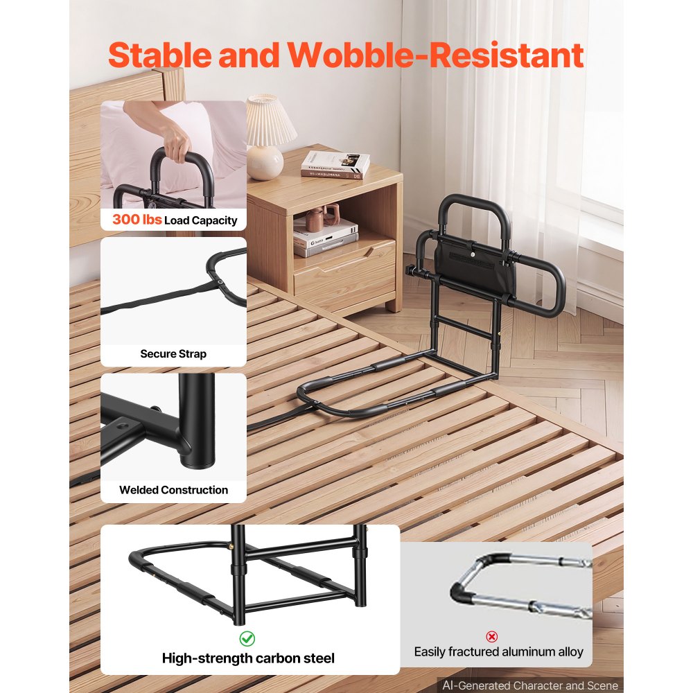VEVOR Bed Rail for Elderly Adults Foldable Bedside Assist Rail for Seniors, 300LBS Dual-Handle Support, Adjustable