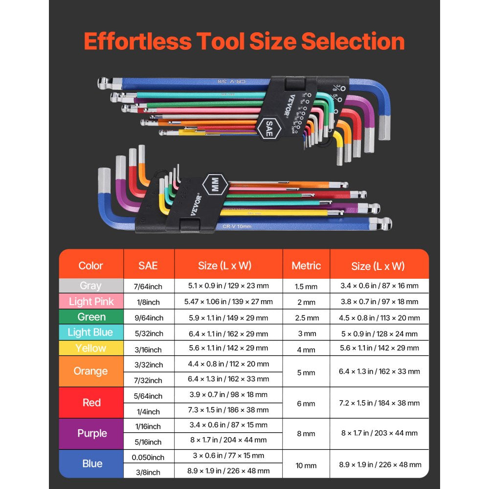 VEVOR Hex Key Allen Wrench Set, 22 pcs SAE (0.050-3/8 in) and Metric (1.5-10 mm), Color Coding Allen Wrenches Sets with