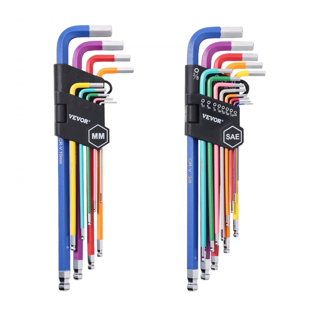 VEVOR Hex Key Allen Wrench Set, 22 pcs SAE (0.050-3/8 in) and Metric (1.5-10 mm), Color Coding Allen Wrenches Sets with
