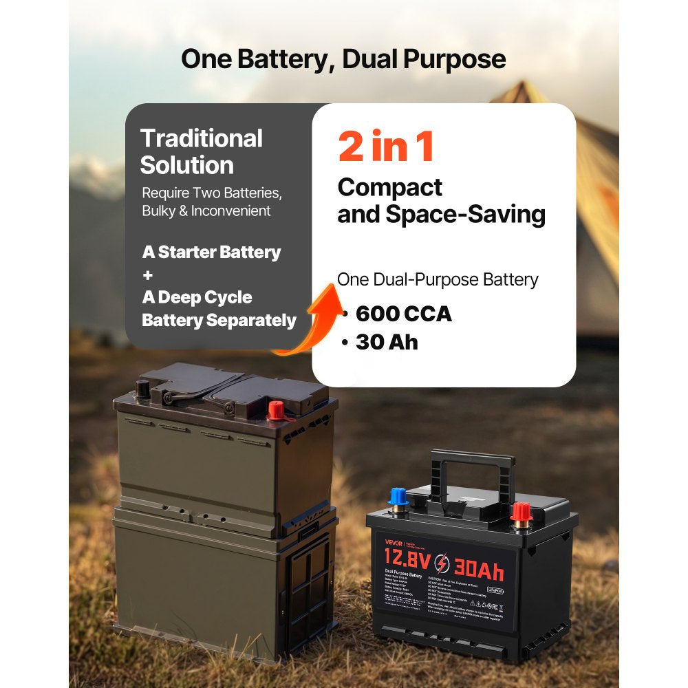 VEVOR 12V 30Ah Dual Purpose LiFePO4 Lithium Battery, 600 CCA Group 47, Car Start-Stop Lithium-ion Starter Battery Plus