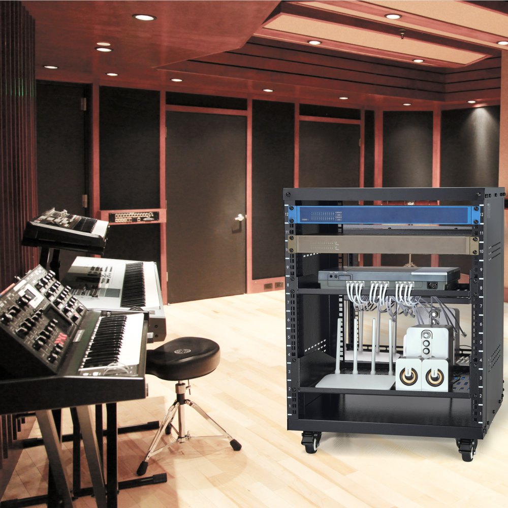 VEVOR 12U AV Rack Stand, 300 lbs Capacity, Network Stereo Recording Studio Rack with Lockable Caster Wheels Round &