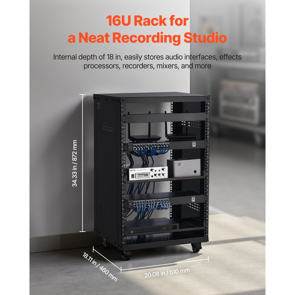 VEVOR 16U AV Rack, 200 lbs Max Capacity, Home Recording Studio Rack with Lockable Caster Wheels, Open Frame Server