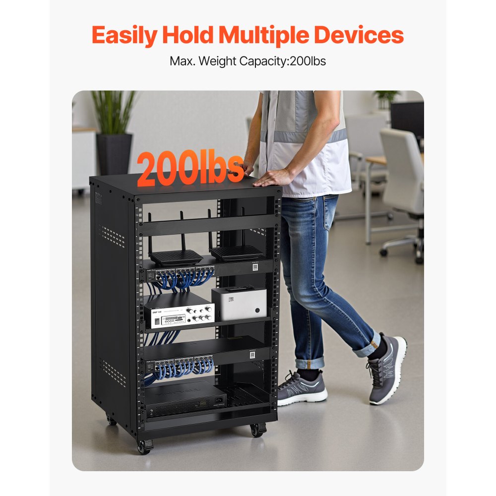 VEVOR 16U AV Rack, 200 lbs Max Capacity, Home Recording Studio Rack with Lockable Caster Wheels, Open Frame Server