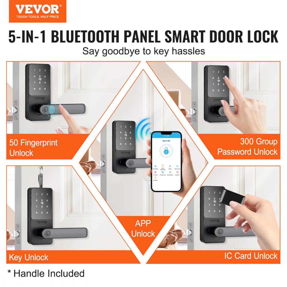 VEVOR Smart Lock, 5-in-1 Smart Door Knob, Fingerprint Deadbolt with App Control, Bluetooth Smart Lock, Keyless Entry