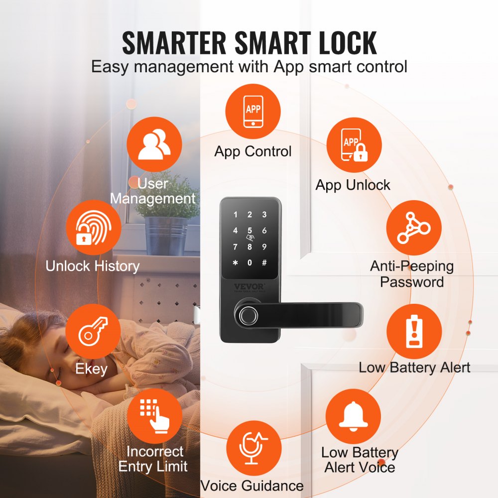 VEVOR Smart Lock, 5-in-1 Smart Door Knob, Fingerprint Deadbolt with App Control, Bluetooth Smart Lock, Keyless Entry