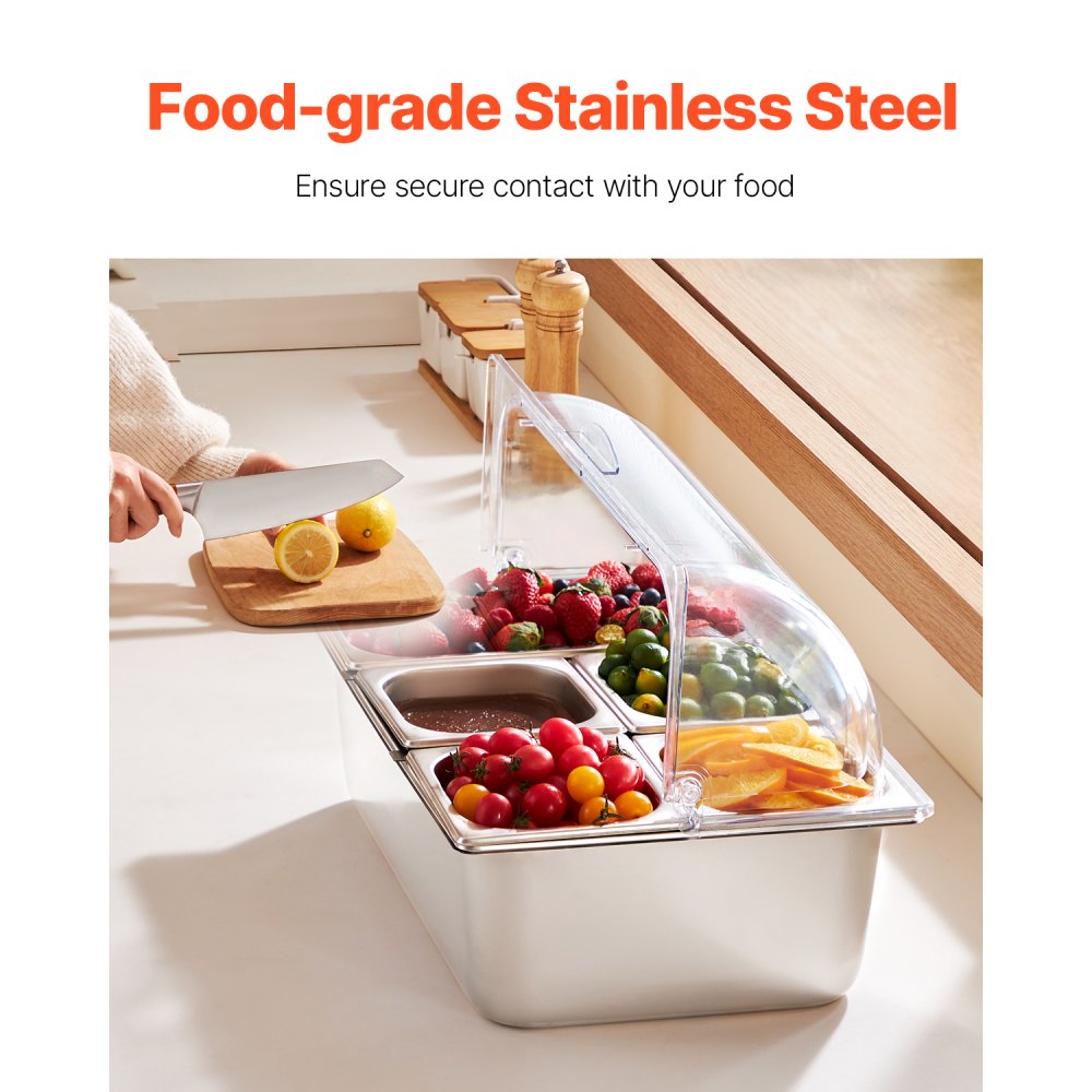 VEVOR Countertop Food Serving Display Container, 5 Pan Stainless Steel Food Serving Tray, Buffet Condiment Dispenser