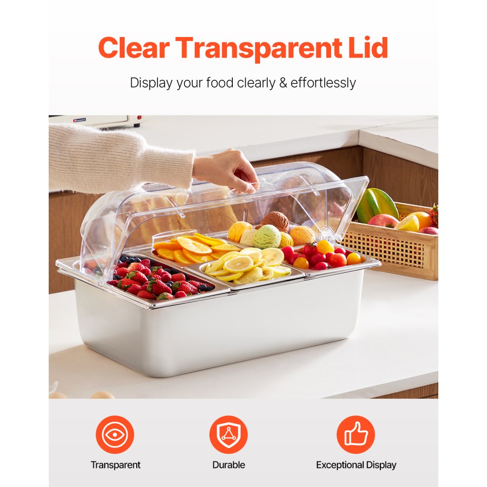 VEVOR Countertop Food Serving Display Container, 5 Pan Stainless Steel Food Serving Tray, Buffet Condiment Dispenser