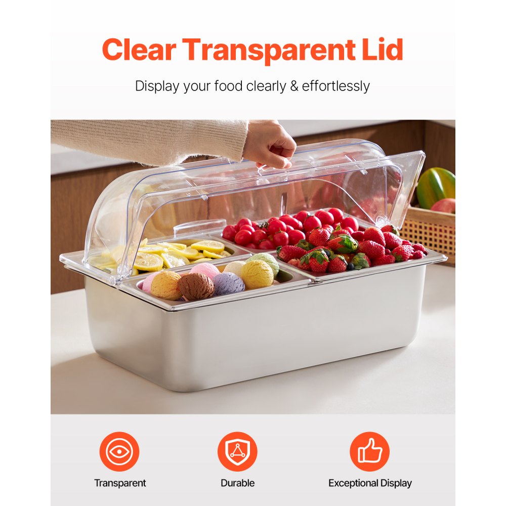 VEVOR Countertop Food Serving Display Container, 4 Pan Stainless Steel Food Serving Tray, Buffet Condiment Dispenser