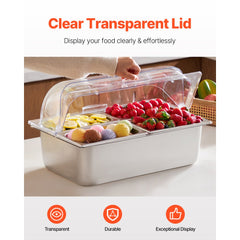 VEVOR Countertop Food Serving Display Container, 4 Pan Stainless Steel Food Serving Tray, Buffet Condiment Dispenser