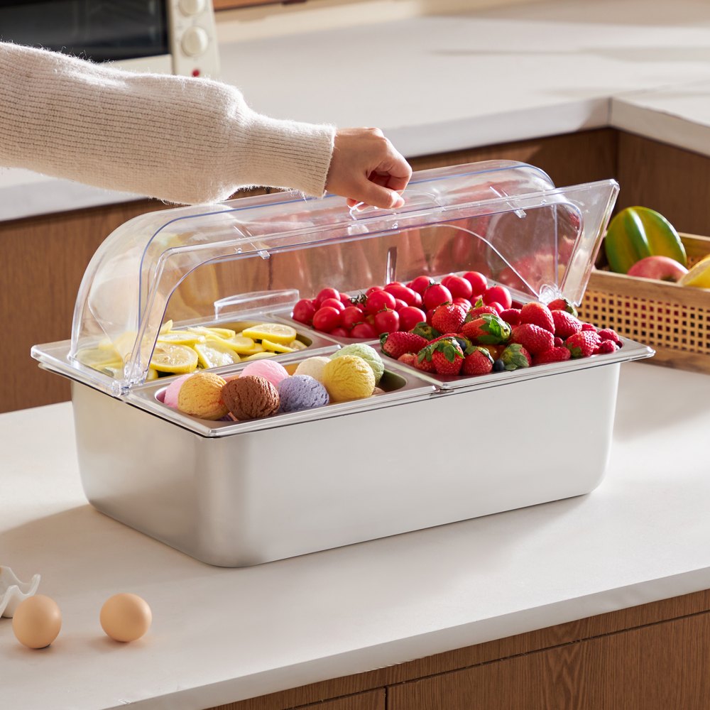 VEVOR Countertop Food Serving Display Container, 4 Pan Stainless Steel Food Serving Tray, Buffet Condiment Dispenser