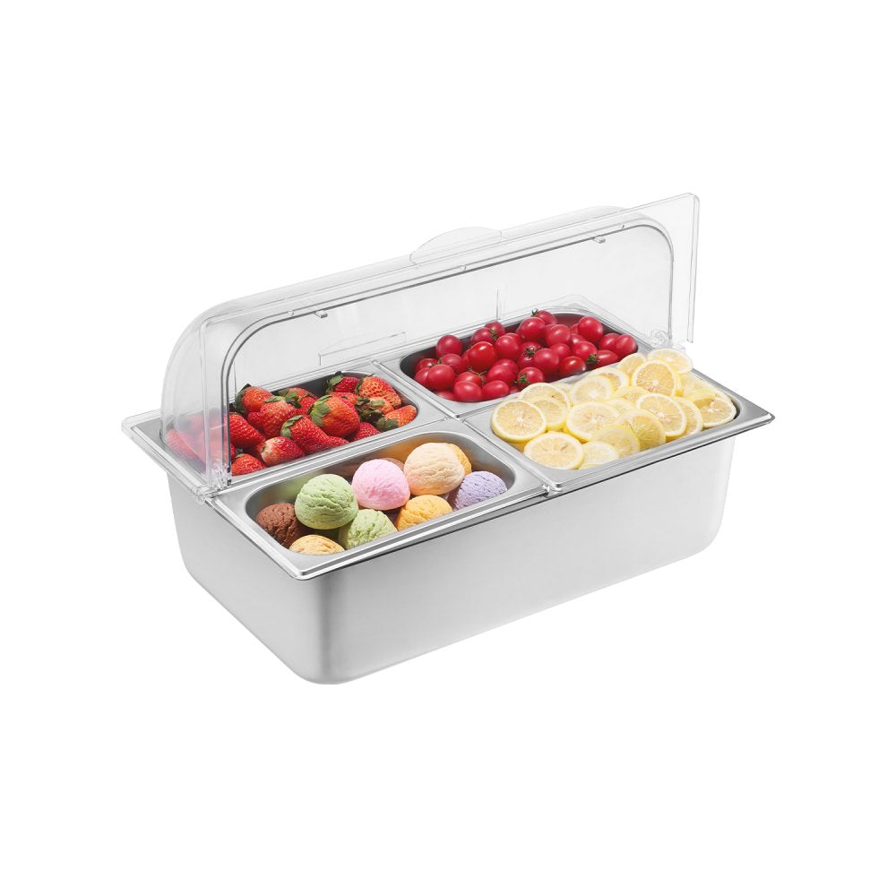 VEVOR Countertop Food Serving Display Container, 4 Pan Stainless Steel Food Serving Tray, Buffet Condiment Dispenser