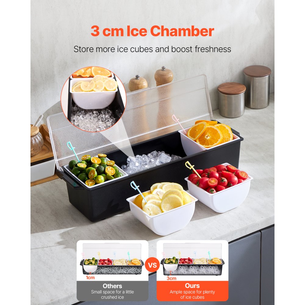 VEVOR Chilled Condiment Server, 4 Compartment Ice Cooled Condiment Serving Container, Chilled Garnish Tray Bar Caddy