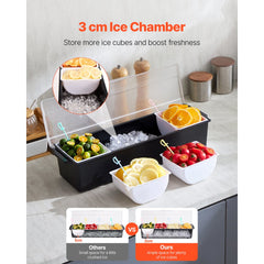 VEVOR Chilled Condiment Server, 4 Compartment Ice Cooled Condiment Serving Container, Chilled Garnish Tray Bar Caddy