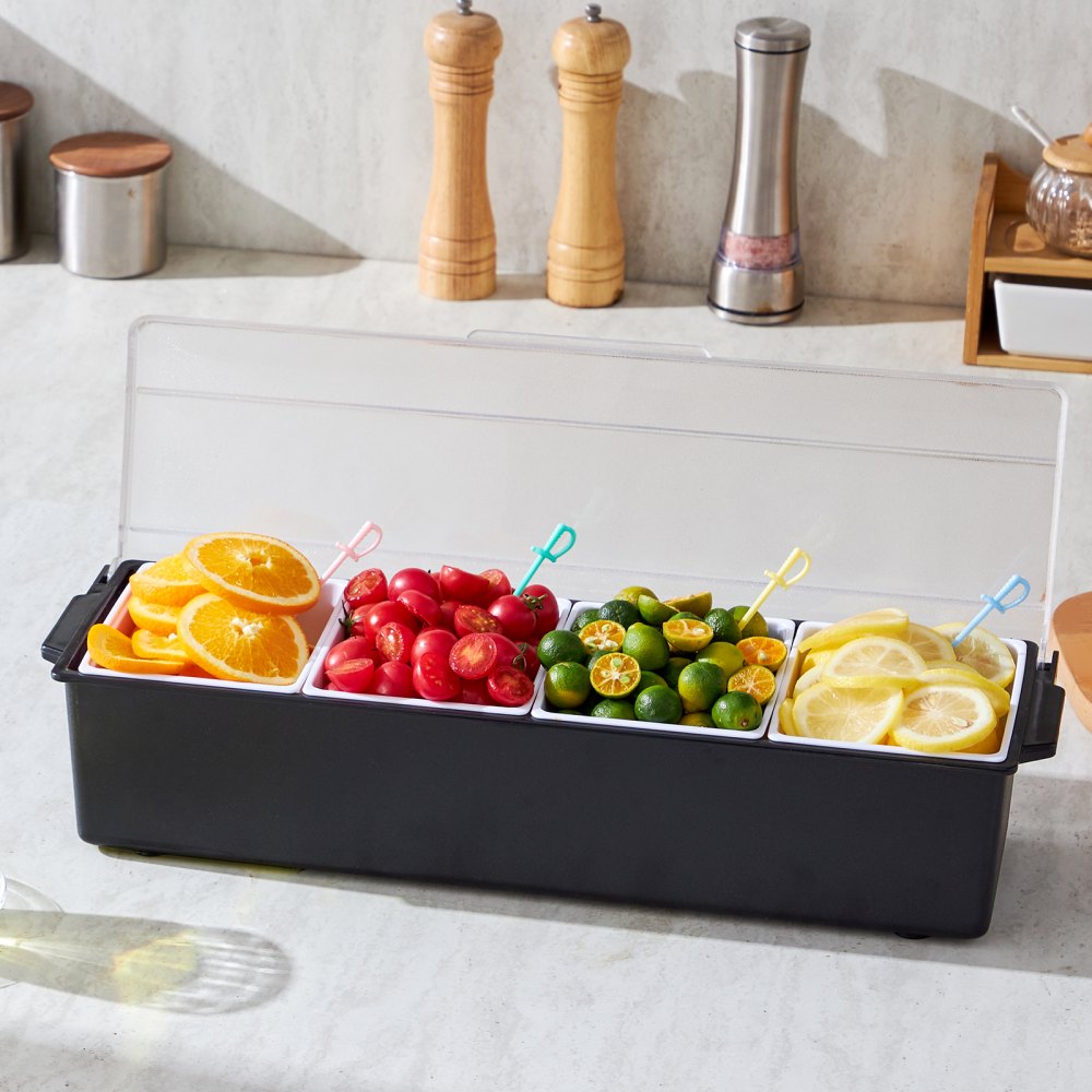 VEVOR Chilled Condiment Server, 4 Compartment Ice Cooled Condiment Serving Container, Chilled Garnish Tray Bar Caddy