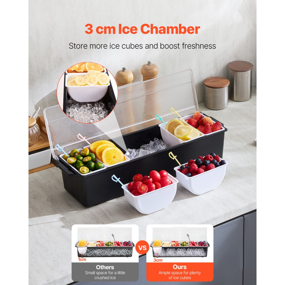 VEVOR Chilled Condiment Server, 6 Compartment Ice Cooled Condiment Serving Container, Chilled Garnish Tray Bar Caddy