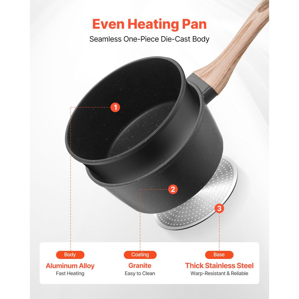 VEVOR 1.5 QT Saucepan, Nonstick Saucepan with Tempered Glass Lid, Multipurpose Cooking Sauce Pot with Detachable