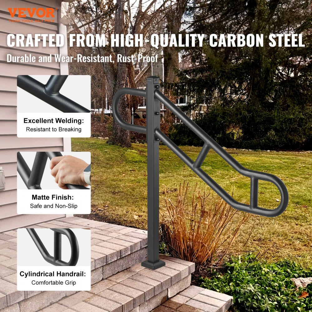 VEVOR Single Post Handrail for Outdoor 1-3 Steps, 40.5" L x 35.4" H Metal Bent Stair Handrails, Floor Mounted Carbon
