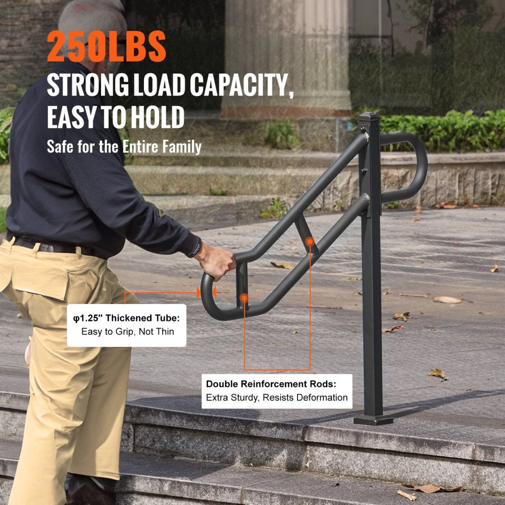 VEVOR Single Post Handrail for Outdoor 1-3 Steps, 40.5" L x 35.4" H Metal Bent Stair Handrails, Floor Mounted Carbon