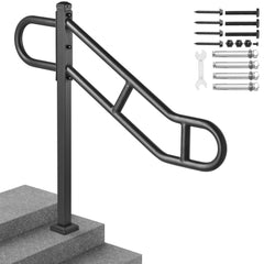 VEVOR Single Post Handrail for Outdoor 1-3 Steps, 40.5" L x 35.4" H Metal Bent Stair Handrails, Floor Mounted Carbon
