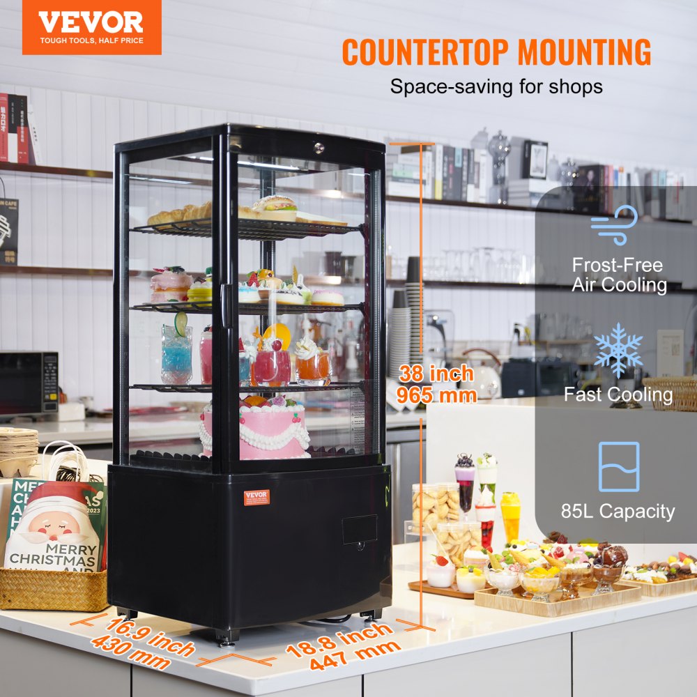 VEVOR Refrigerated Display Case, 3 Cu.Ft./85L Countertop Pastry Display Case, 3-Tier Commercial Display Refrigerator