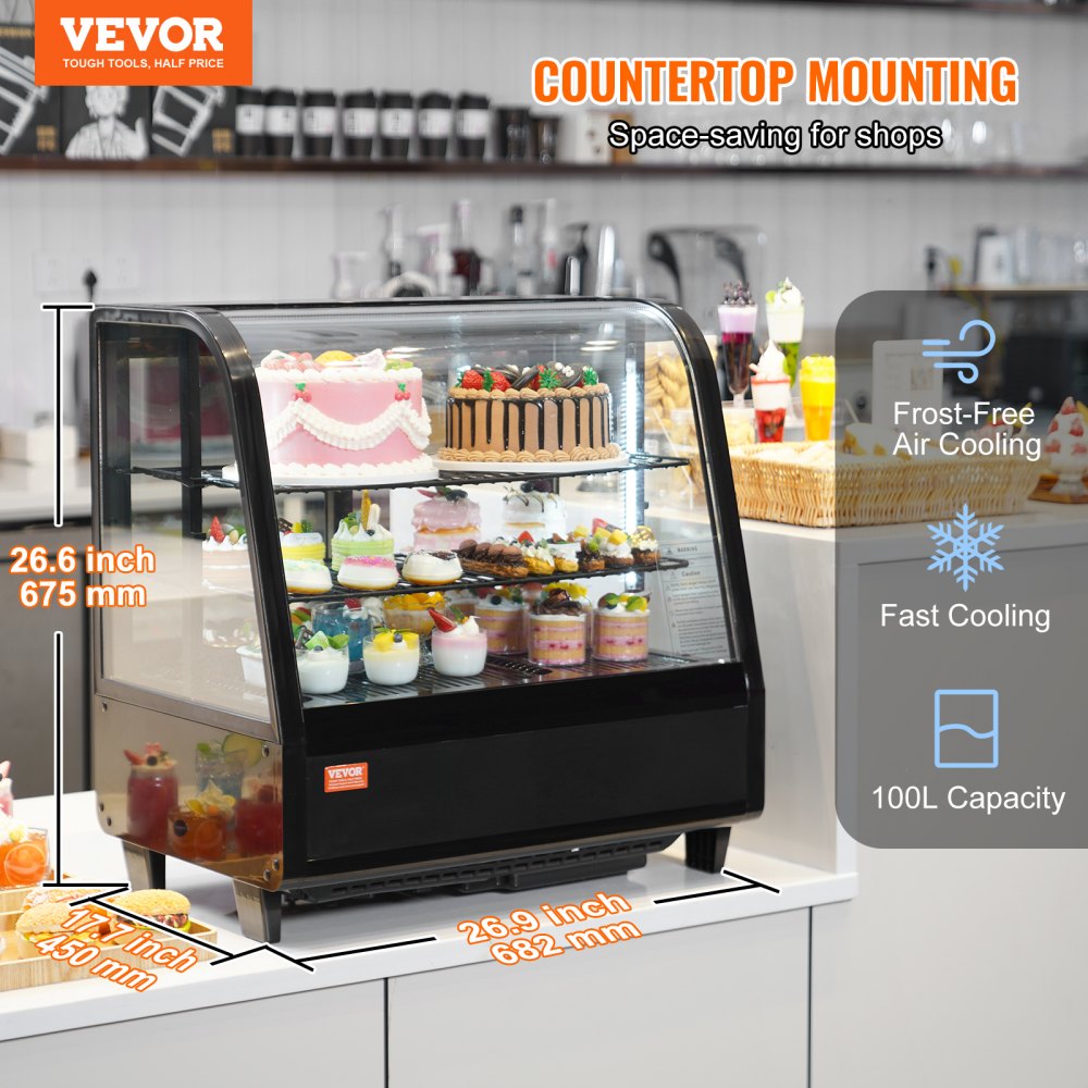 VEVOR Refrigerated Display Case, 3.5 Cu.Ft./100L, 2-Tier, Countertop Pastry Display Case Commercial Display