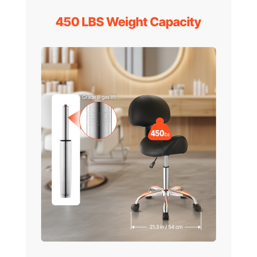 VEVOR Saddle Stool with Back Support and Wheels, 450 LBS Weight Capacity Ergonomic Rolling Stool, Height Adjustable