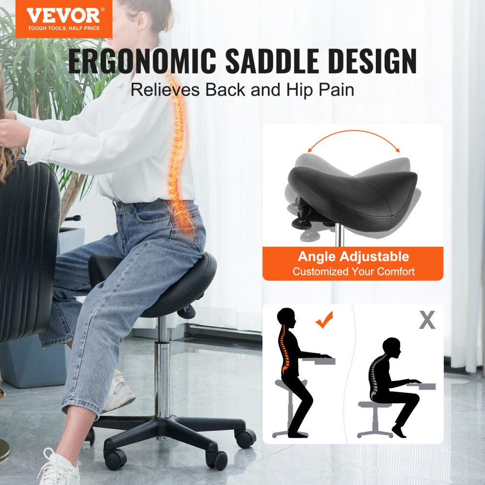 VEVOR Saddle Stool with Wheels, 400 LBS Weight Capacity, Height Adjustable Thickened PU Leather Swivel Saddle Stool