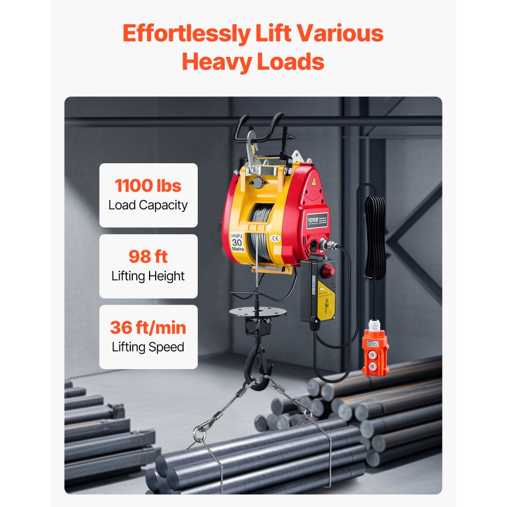 VEVOR 2-in-1 Electric Hoist Winch, 1100 lbs Capacity, 1800W Portable Power Winch, 98 ft Lifting Height, 36 ft/min with