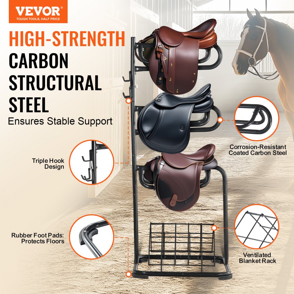 VEVOR Freestanding Saddle Stand, 30 x 30 x 68.5 in, 3 Tiers Saddle Rack, Heavy Duty Saddle Blanket Holder with