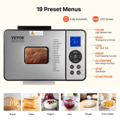 VEVOR Bread Maker, 19-in-1 2LB Dough Machine, Nonstick Ceramic Pan Automatic Breadmaker with Gluten Free Setting, Whole