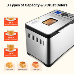 VEVOR Bread Maker, 19-in-1 2LB Dough Machine, Nonstick Ceramic Pan Automatic Breadmaker with Gluten Free Setting, Whole