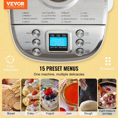 VEVOR Bread Maker, 15-in-1 3LB Dough Machine, Nonstick Ceramic Pan Automatic Breadmaker with Gluten Free Setting, Whole