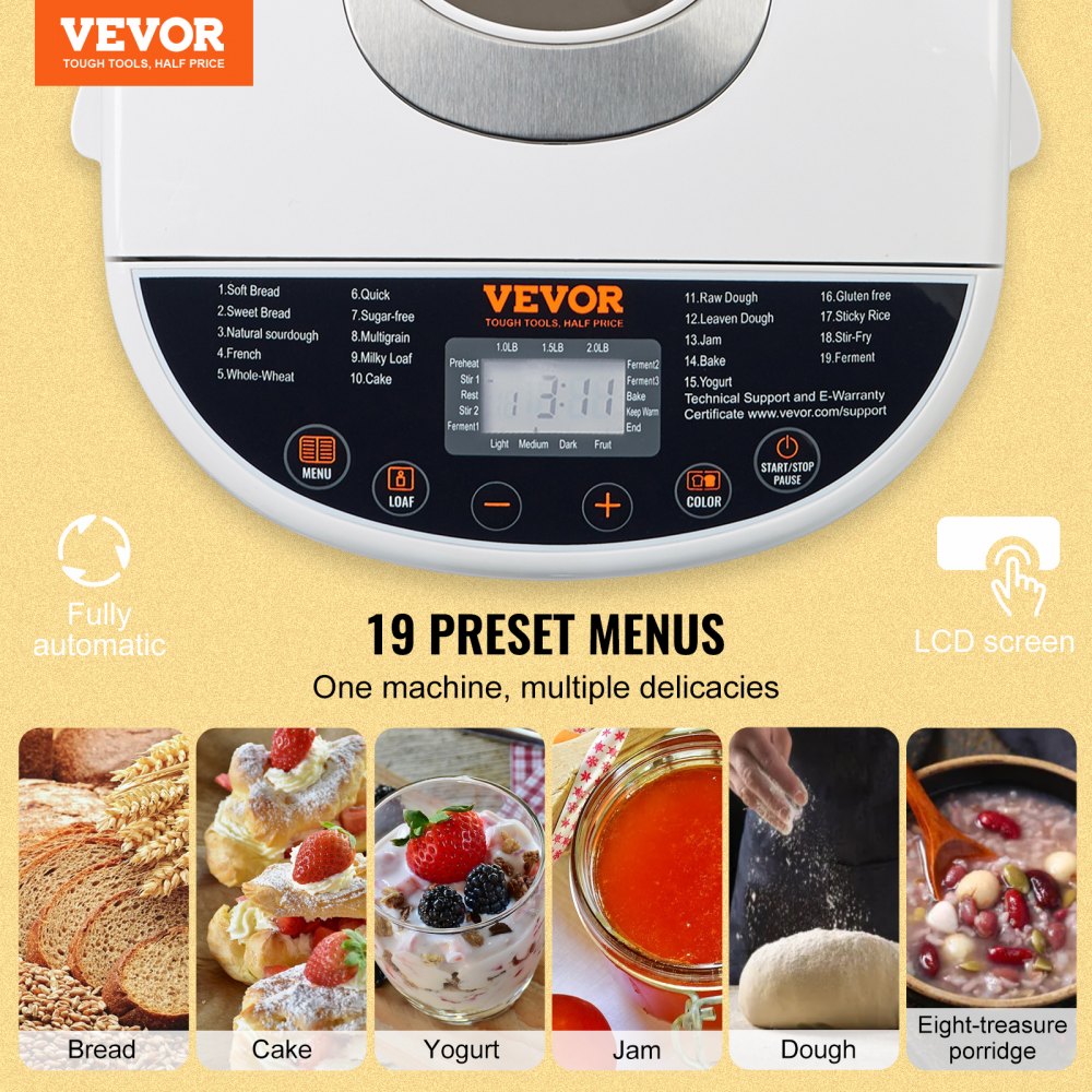 VEVOR Bread Maker, 19-in-1 2LB Dough Machine, Nonstick Ceramic Pan Automatic Breadmaker with Gluten Free Setting, Whole
