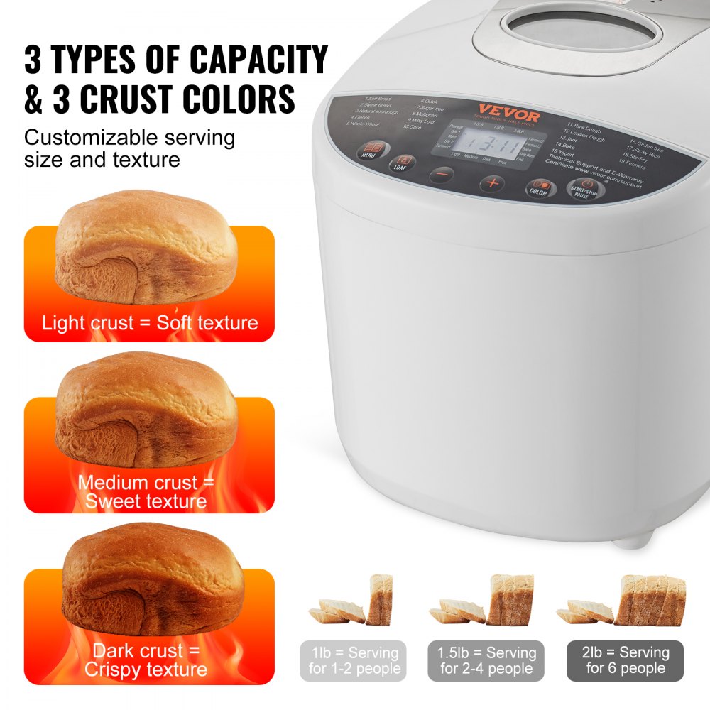 VEVOR Bread Maker, 19-in-1 2LB Dough Machine, Nonstick Ceramic Pan Automatic Breadmaker with Gluten Free Setting, Whole