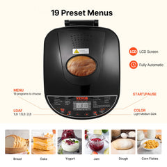 VEVOR Bread Maker, 19-in-1 2LB Dough Machine, Nonstick Ceramic Pan Automatic Breadmaker with Gluten Free Setting, Whole