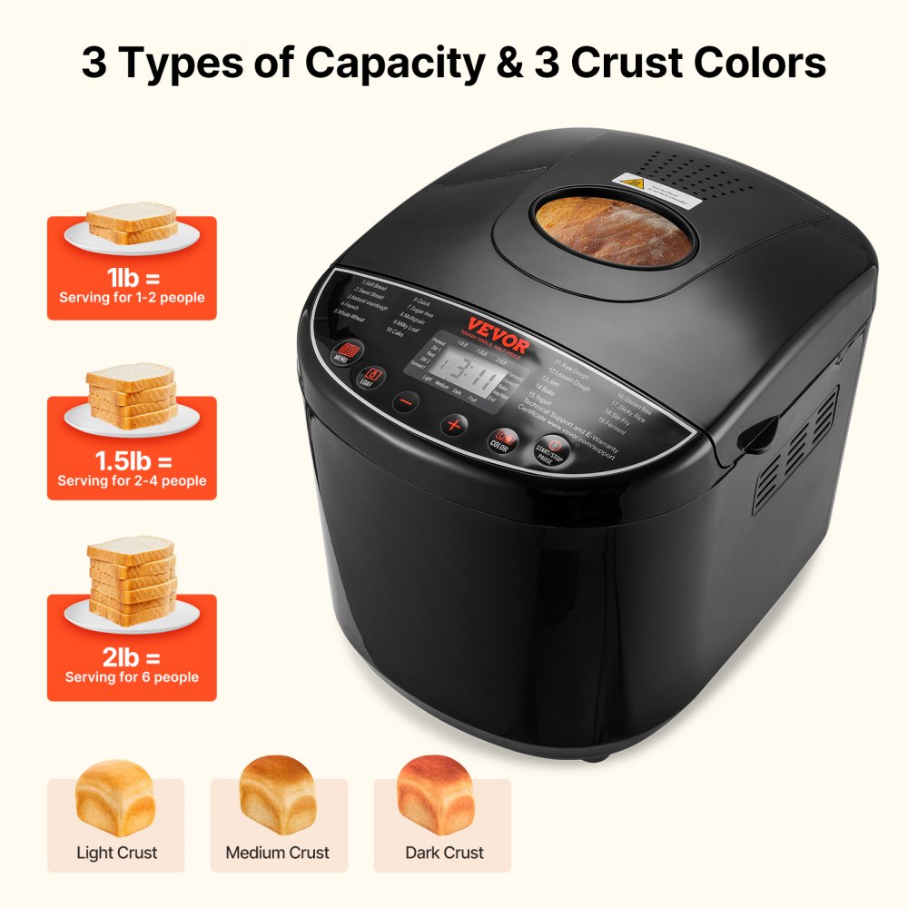 VEVOR Bread Maker, 19-in-1 2LB Dough Machine, Nonstick Ceramic Pan Automatic Breadmaker with Gluten Free Setting, Whole