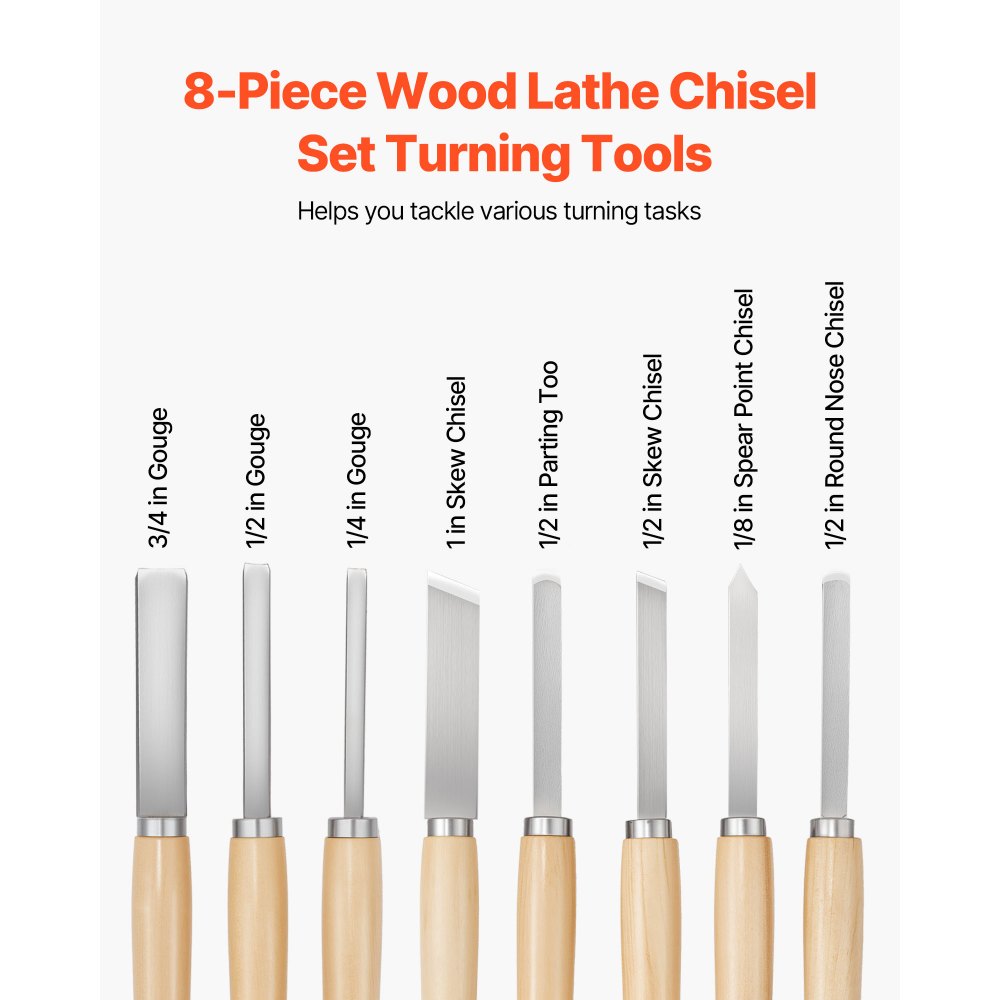 VEVOR Wood Lathe Turning Tool Set, 8PCS, Lathe Chisel Set with Carbon Steel Blade, 2 Skew, 1 Spear Point, 1 Parting, 1