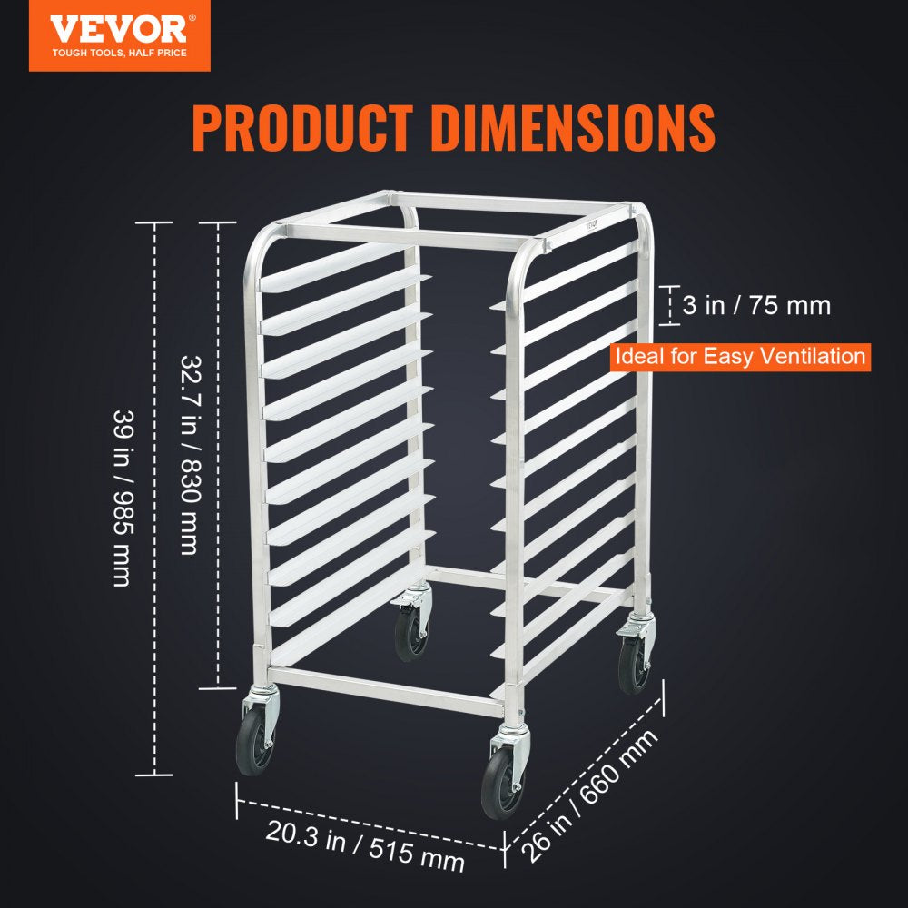 VEVOR Bun Pan Rack, 10-Tier Commercial Bakery Racks with Brake Wheels, Aluminum Racking Trolley Storage for Half & Full