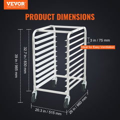 VEVOR Bun Pan Rack, 10-Tier Commercial Bakery Racks with Brake Wheels, Aluminum Racking Trolley Storage for Half & Full