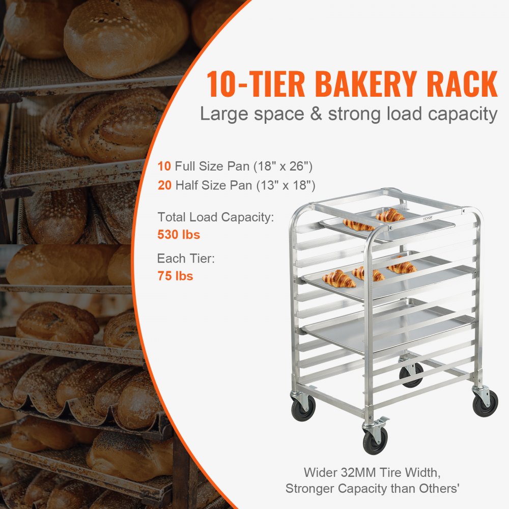 VEVOR Bun Pan Rack, 10-Tier Commercial Bakery Racks with Brake Wheels, Aluminum Racking Trolley Storage for Half & Full