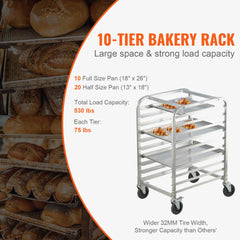 VEVOR Bun Pan Rack, 10-Tier Commercial Bakery Racks with Brake Wheels, Aluminum Racking Trolley Storage for Half & Full