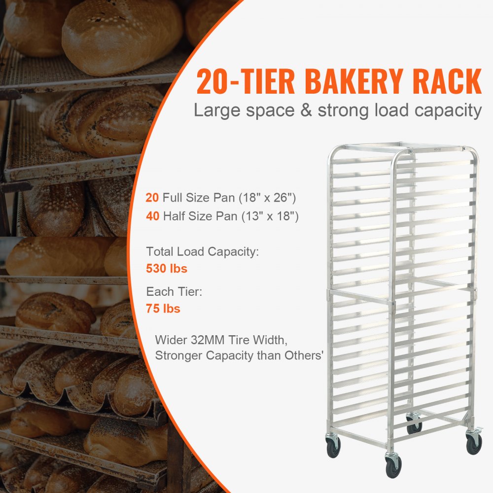 VEVOR Bun Pan Rack, 20-Tier Commercial Bakery Racks with Brake Wheels, Aluminum Racking Trolley Storage for Half & Full
