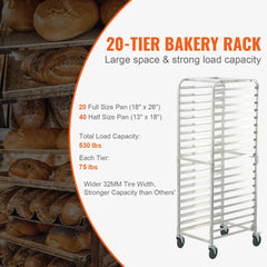 VEVOR Bun Pan Rack, 20-Tier Commercial Bakery Racks with Brake Wheels, Aluminum Racking Trolley Storage for Half & Full