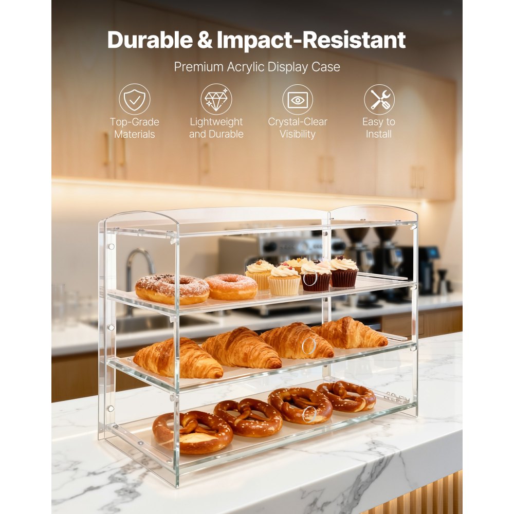 VEVOR Bakery Display Case, 3-Tier Commercial Countertop Pastry Display Case, Clear Acrylic Bread Box for Kitchen, Party